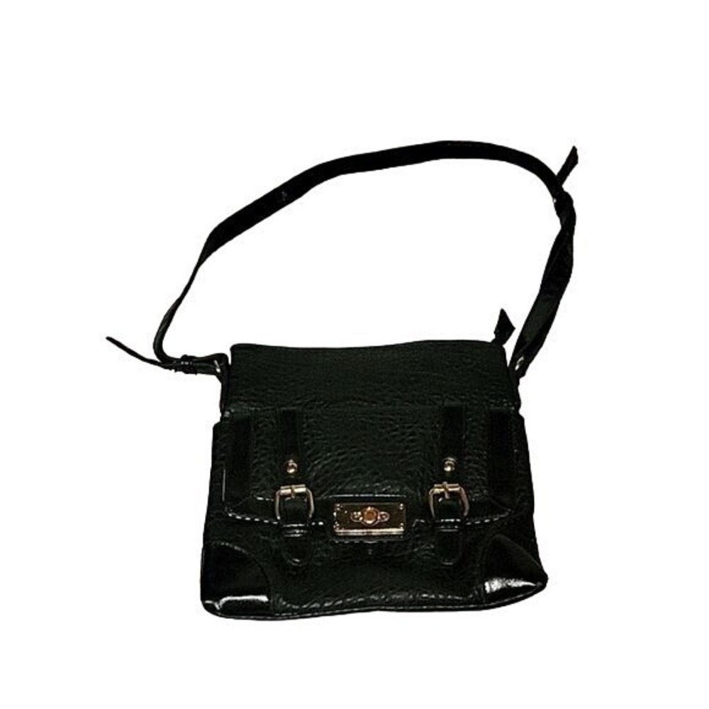 Black Faux Leather Crossbody Bag Gold Hardware Striped Lining Messenger Satchel